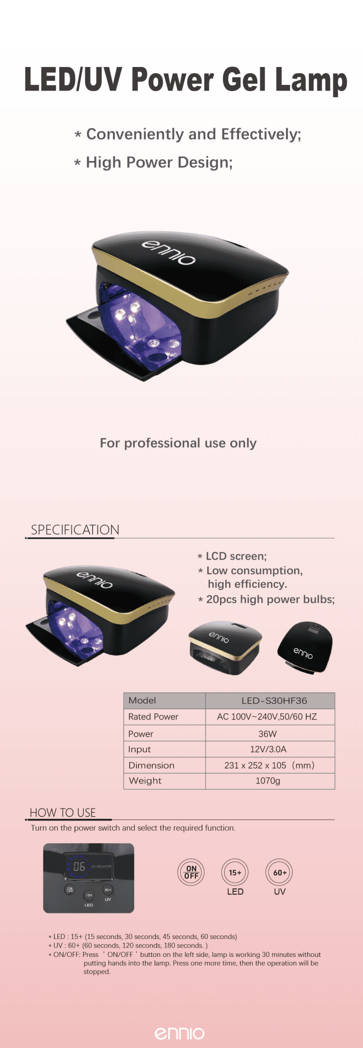LED - S30HF36 - 36W LED/UV Nail Lamp for Gel Curing with LCD Control Panel - Ennio Nails