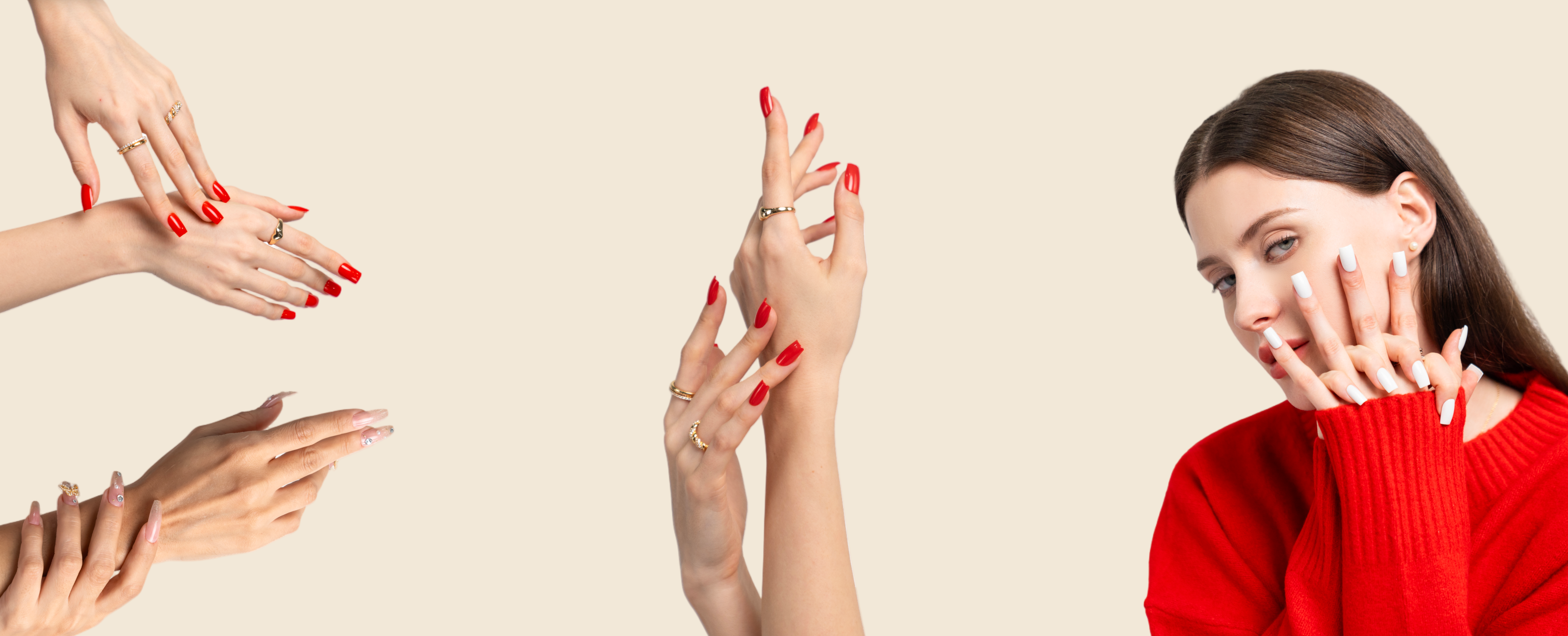 Ennio press-on nails promotional banner featuring models displaying red manicure, professional nail art advertisement for OEM ODM white label nail products and beauty marketing