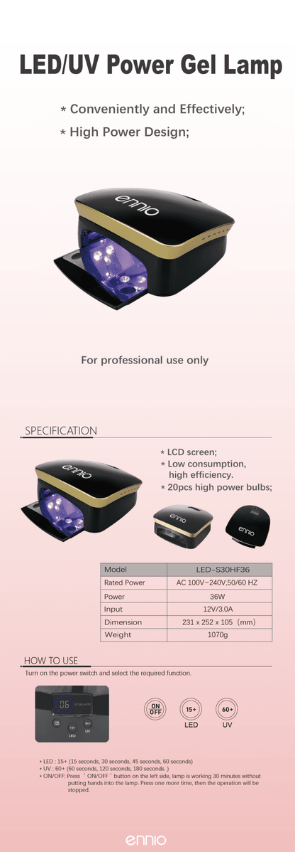 LED - S30HF36 - 36W LED/UV Nail Lamp for Gel Curing with LCD Control Panel - Ennio Nails