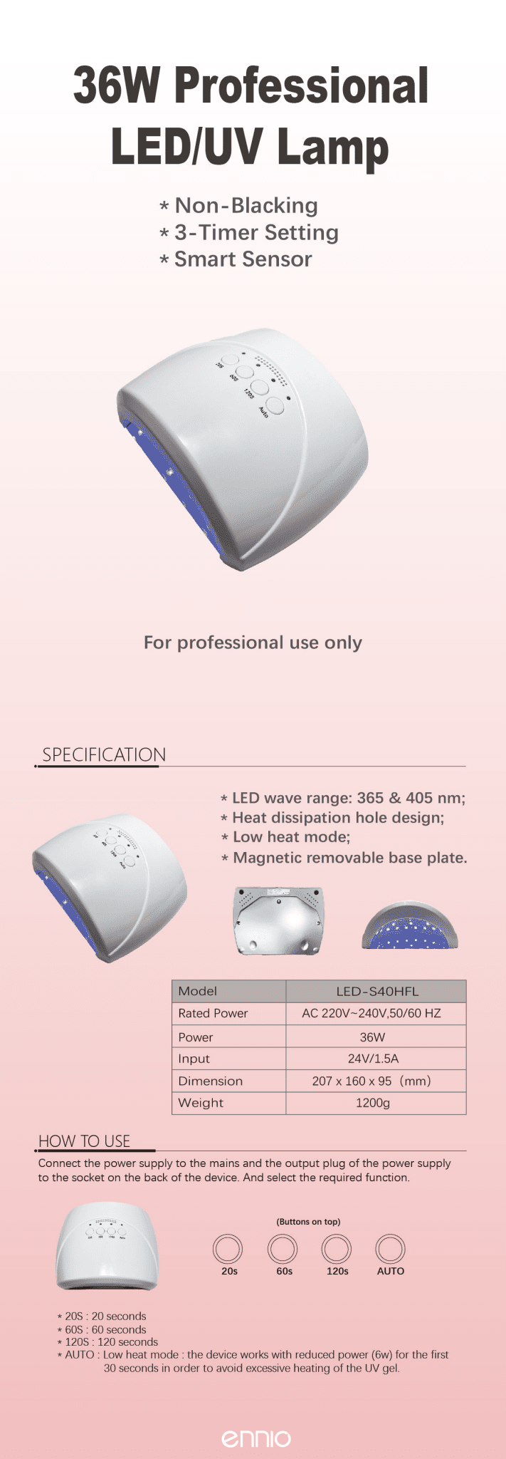 LED - S40HFL - 36W Professional UV/LED Nail Lamp for Gel Curing - Ennio Nails
